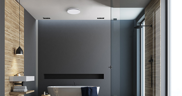 Grey bathroom with ceiling exhaust fan