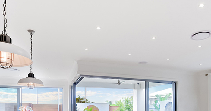 Ceiling downlights and lamps in living room