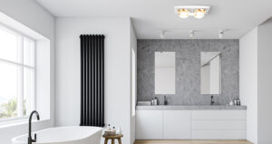 Infrared ceiling heater in stylish white bathroom
