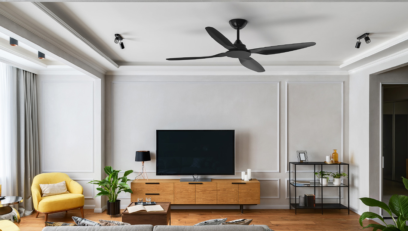 Black venice ceiling fan in living room